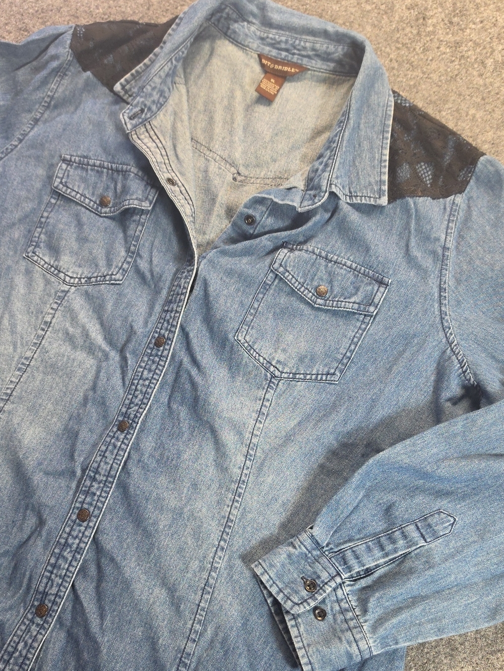 Bit & Bridle Blue Denim Shirt with Black Lace Shoulders Button Down XL